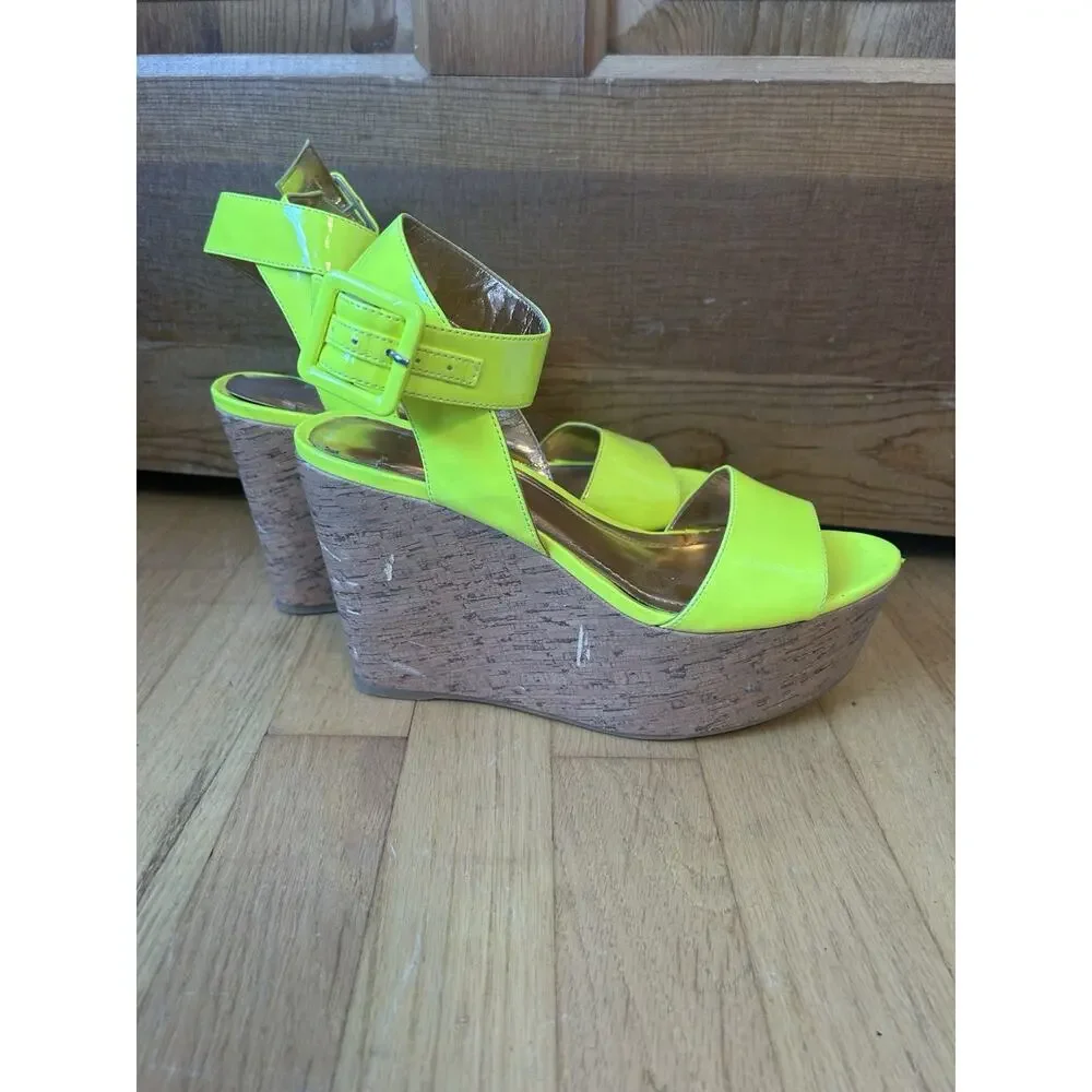 BCBGeneration Neon Yellow Patent Women's Wedges Size 8